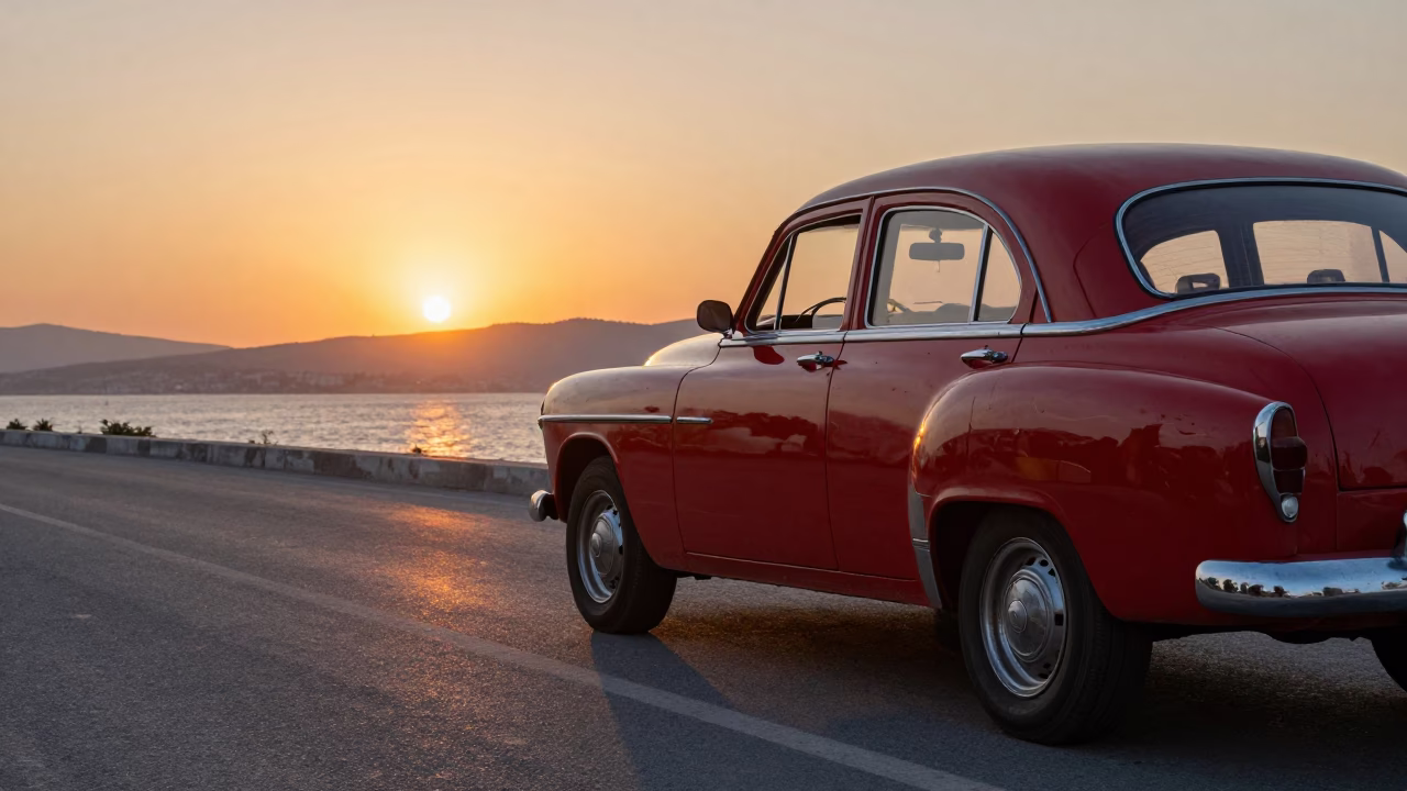 Sunset Harbor Scene in Izmir Turkey with Vintage Car and Traditional Architecture in in Izmir, Turkey