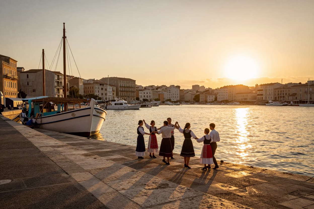Sunset Harbor Scene in Marseille France with Junk Boat and Traditional Folk Dance in in Marseille, France