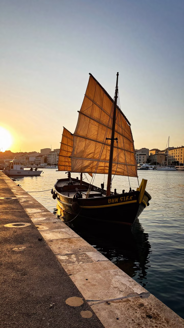 Sunset Harbor Scene in Marseille France with Traditional Junk Boat and Coastal Life in in Marseille, France