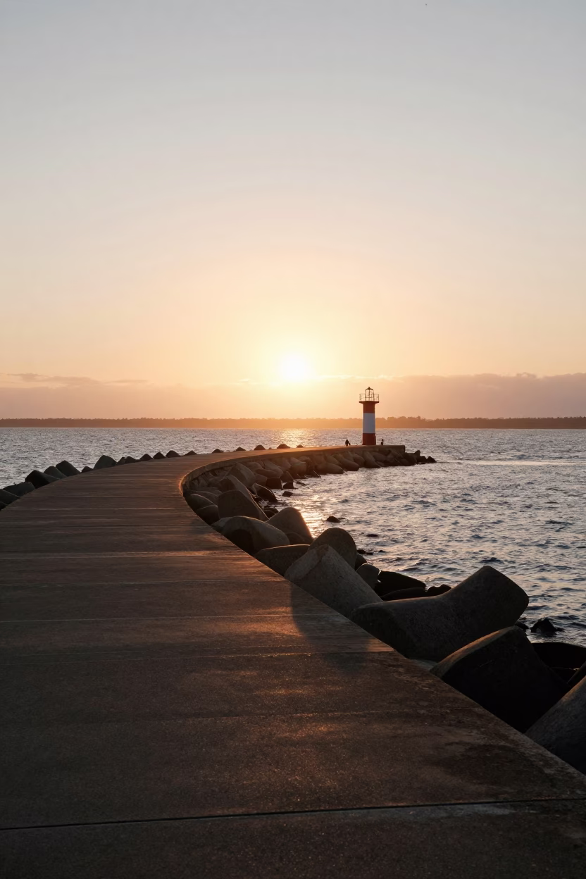 Sunset Harbor Scene with Breakwater Curve and Lonely Beacon in Melbourne Victoria in in Melbourne, Victoria, Australia