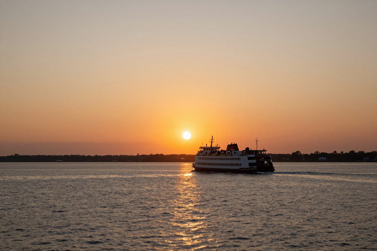 Sunset Harbor View in Charleston South Carolina with Ferry and Lowcountry Sky in in Charleston, South Carolina, United States
