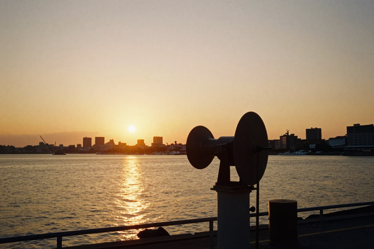 Sunset Harbor View in Tainan Taiwan with Hydrophone Winch and Golden Light in in Tainan, Taiwan
