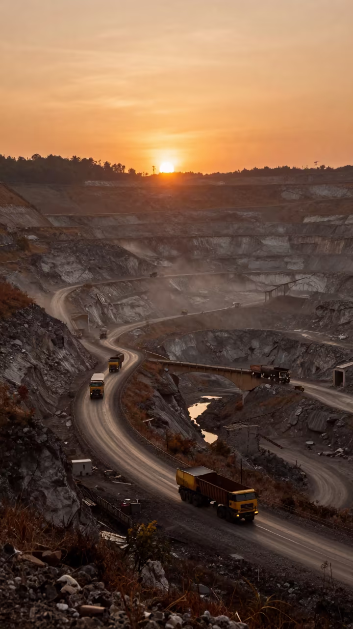 Sunset Haul Trucks on Copper Mine Switchbacks in on a wind-open causeway near Coimbra