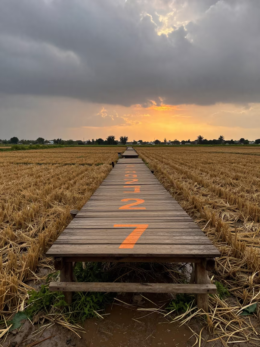 Sunset Hop Platform in Can Tho Rainy Field in across a harvested grain field in Can Tho