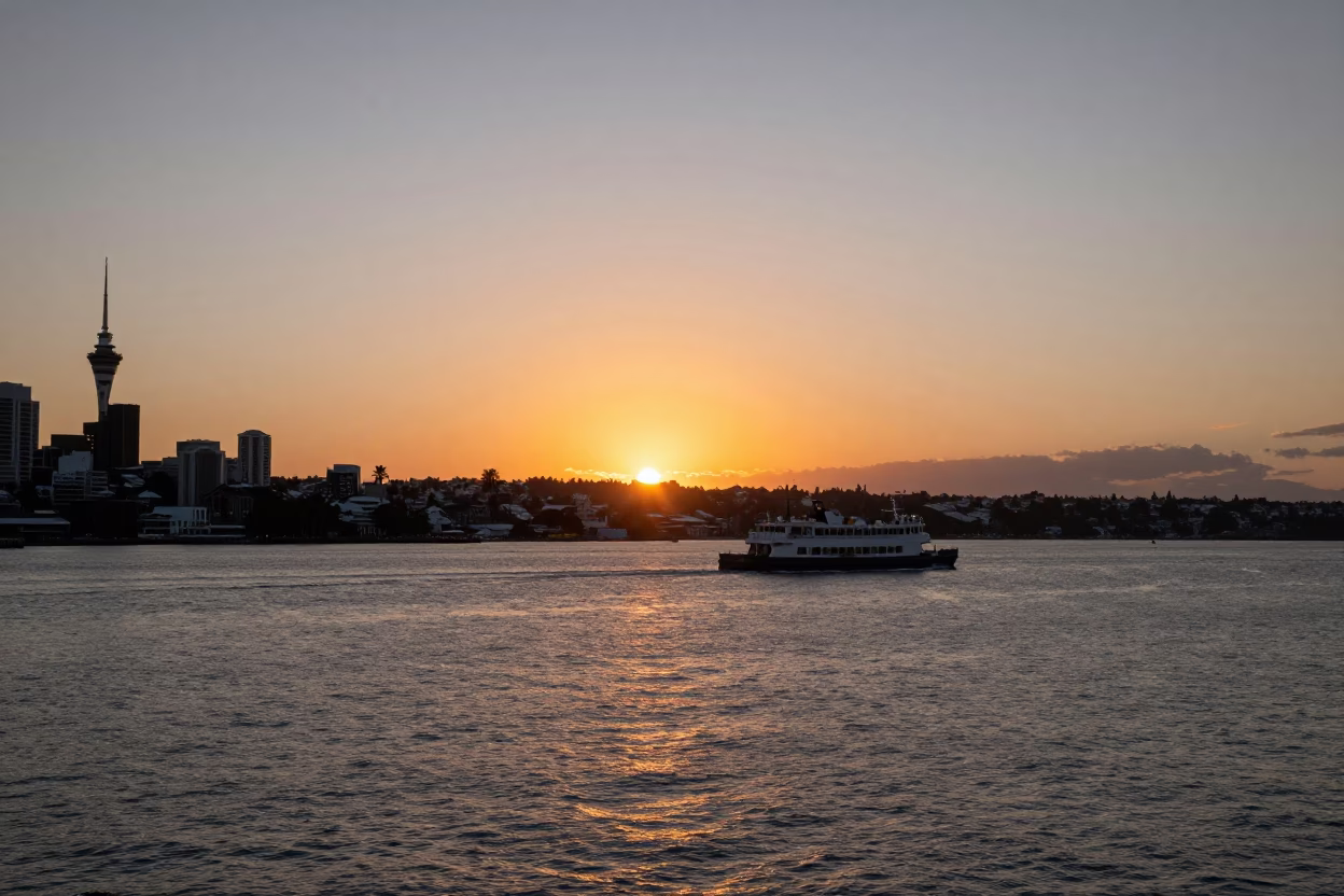 Sunset Horizon Over Auckland Harbour With Ferry And City Skyline Silhouette in in Auckland, New Zealand
