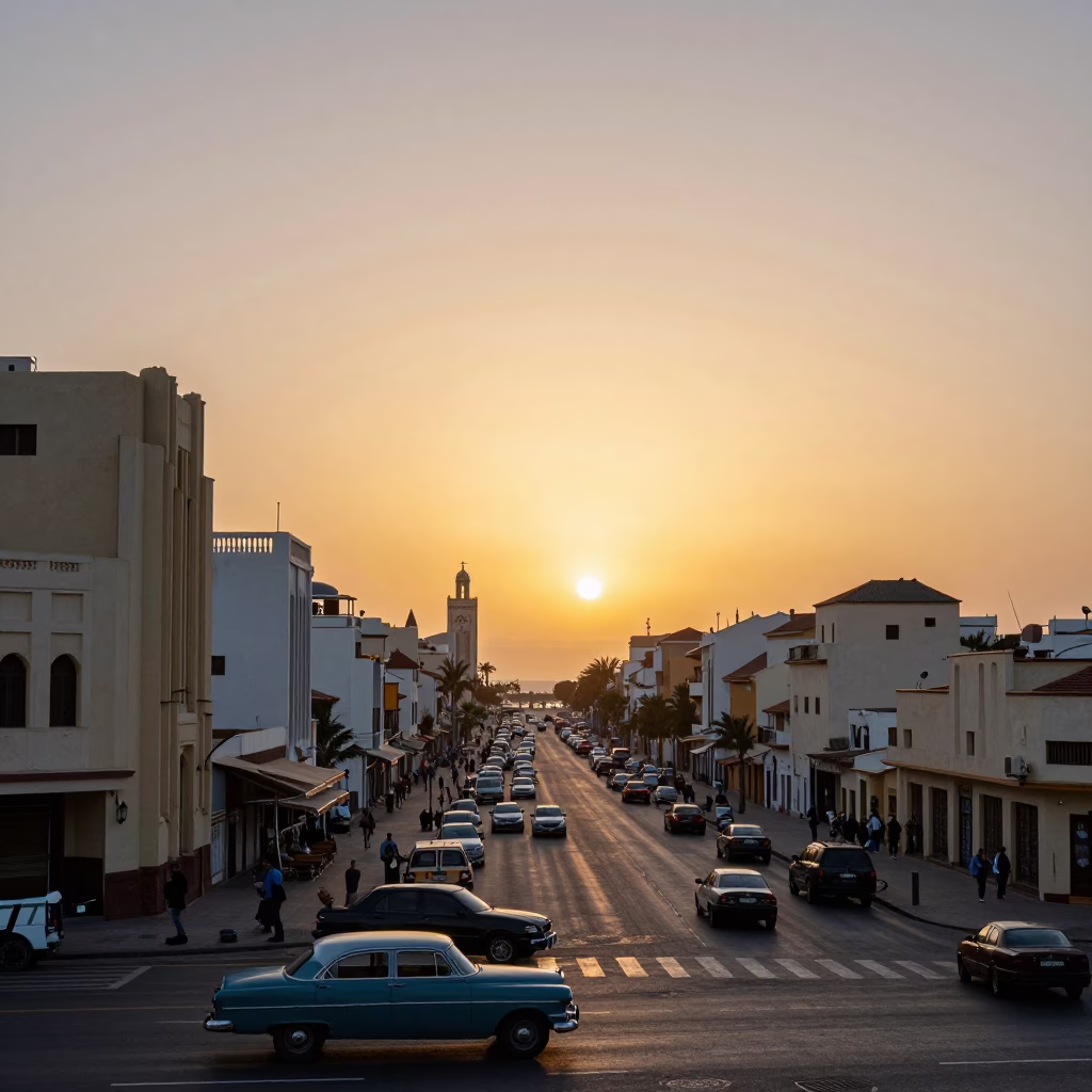 Sunset Horizon View of Casablanca Morocco with Art Deco Architecture and Busy Street Life in in Casablanca, Morocco