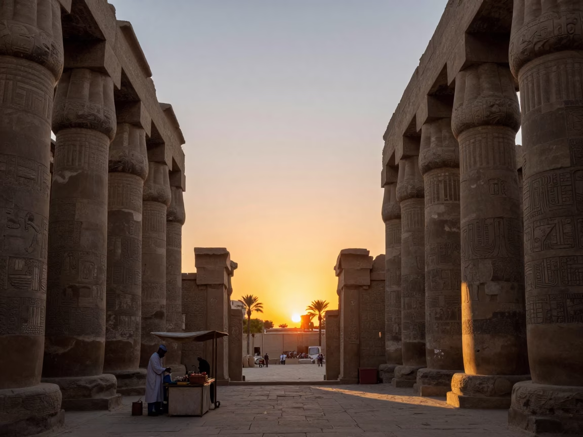 Sunset Horizon View of Luxor Egypt Temple Columns and Local Life in in Luxor, Egypt
