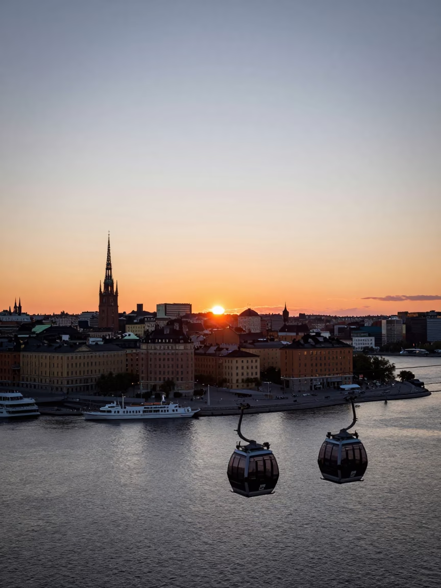 Sunset Horizon View of Stockholm Sweden with Gondola and Waterfront in in Stockholm, Sweden