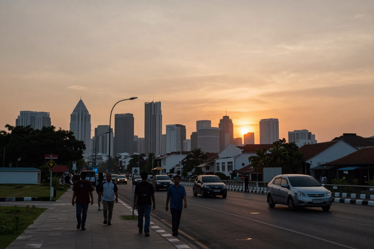 Sunset Horizon View of Surabaya Indonesia Cityscape with Local Street Activity in in Surabaya, Indonesia