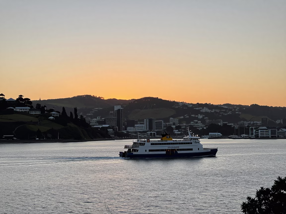 Sunset Horizon View of Wellington New Zealand Harbor with Ferry and City Skyline in in Wellington, New Zealand