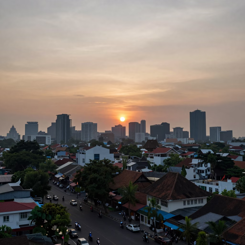 Sunset Horizon View of Yogyakarta City Skyline with Traditional Market Activity in in Yogyakarta, Indonesia