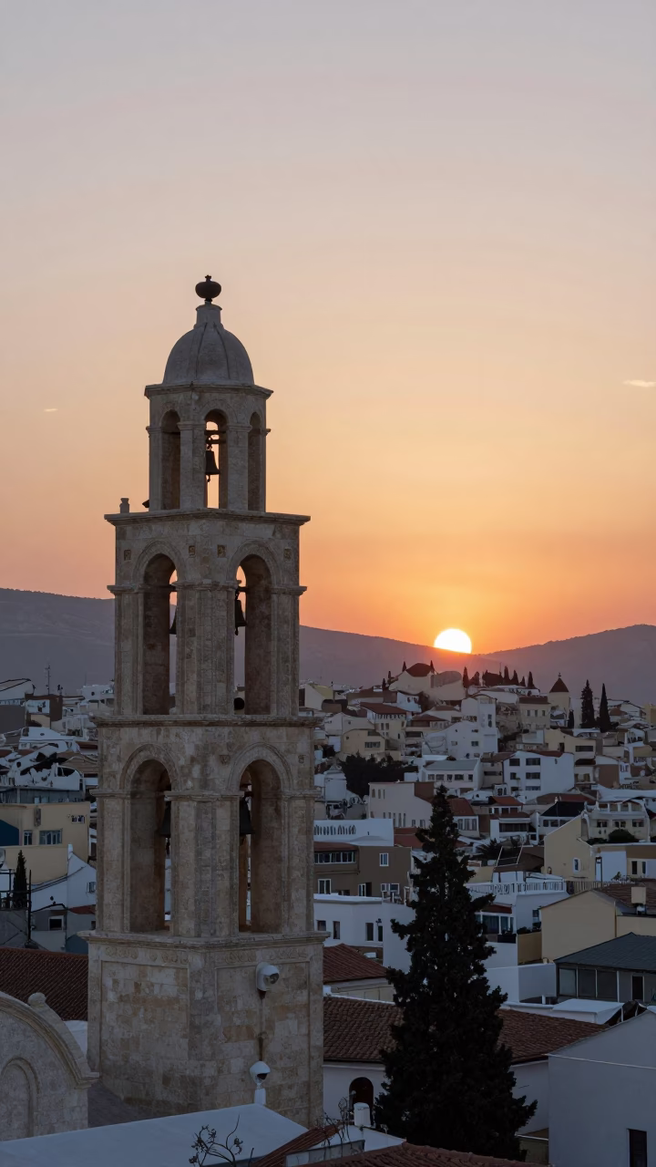 Sunset in Athens Greece with Bell Tower and Traditional Architecture in in Athens, Greece