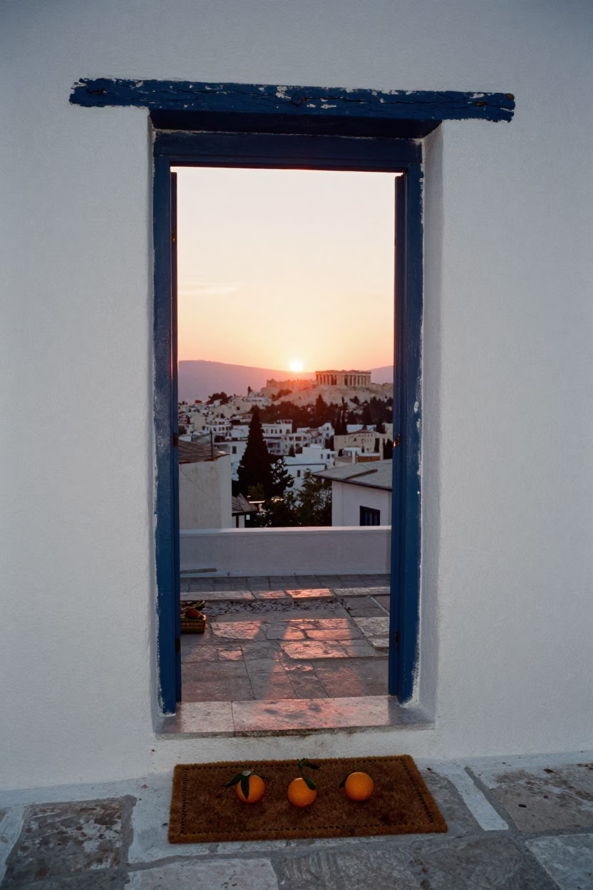 Sunset in Athens Greece with Oranges and Doormat at Traditional Entrance in in Athens, Greece