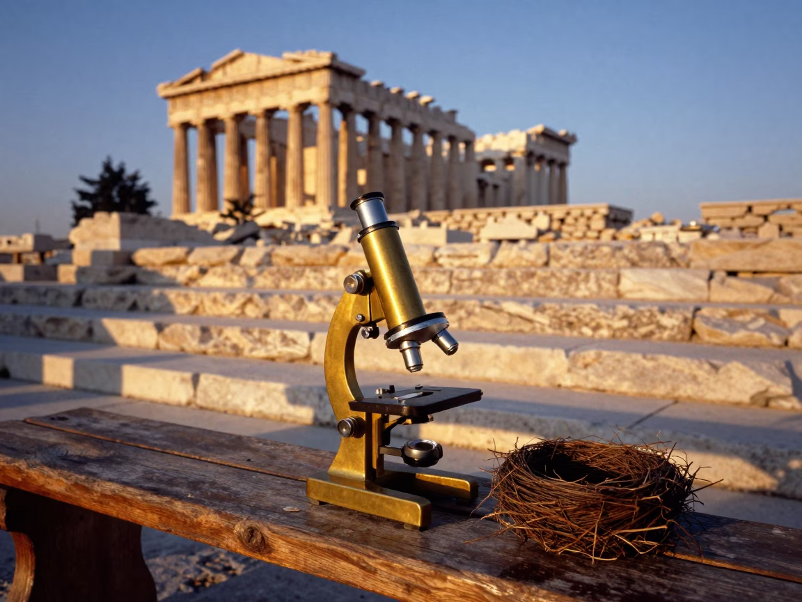 Sunset in Athens Greece with vintage brass microscope and birds nest fern in in Athens, Greece