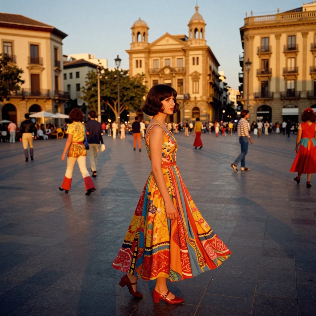 Sunset in Barcelona Spain High Fashion Colorful 1970s Style Street Photography Candid Moment in in Barcelona, Spain