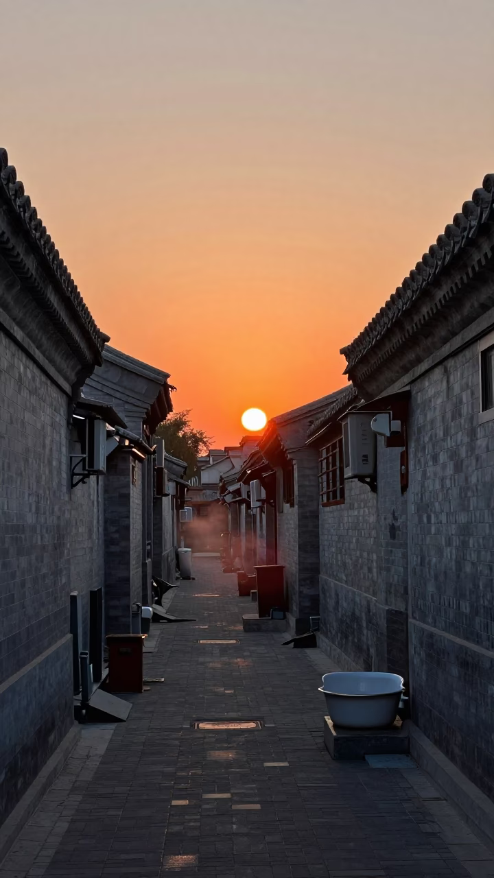 Sunset in Beijing at As The Sun Drops Toward The Horizon in in Beijing, China