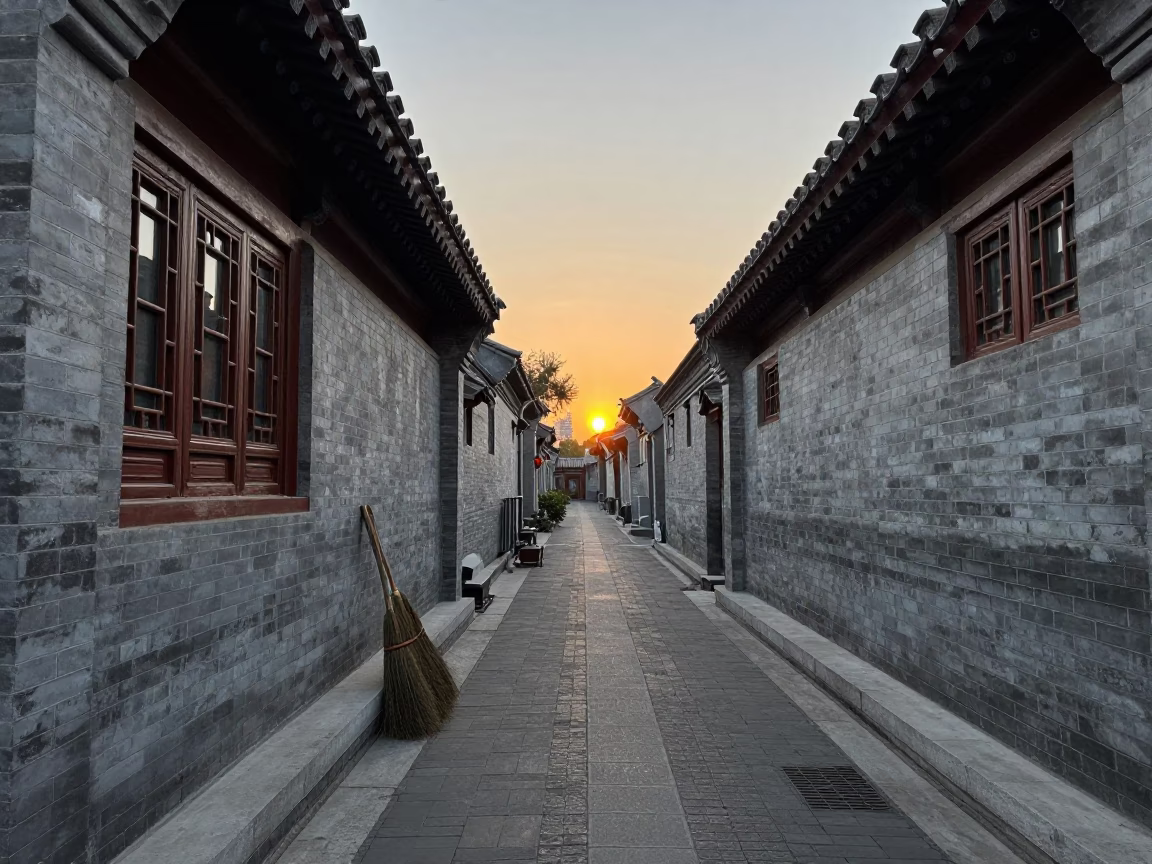 Sunset in Beijing Hutong Alley with Traditional Broom and Morning Glory Tea Stains in in Beijing, China