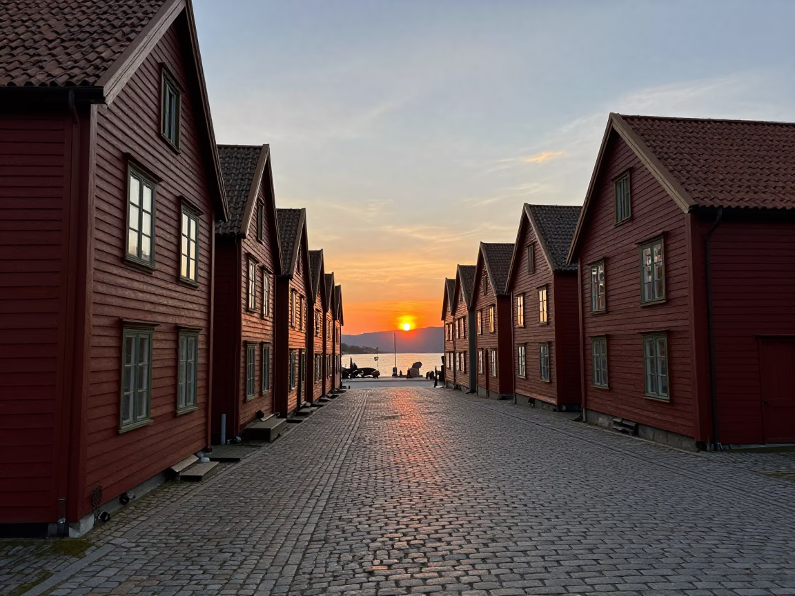 Sunset in Bergen at As The Sun Drops Toward The Horizon in in Bergen, Norway