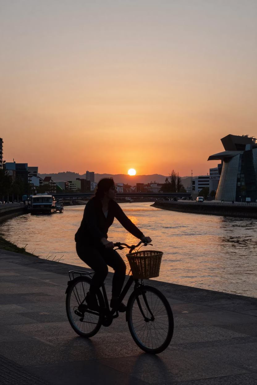 Sunset in Bilbao at As The Sun Drops Toward The Horizon in in Bilbao, Spain