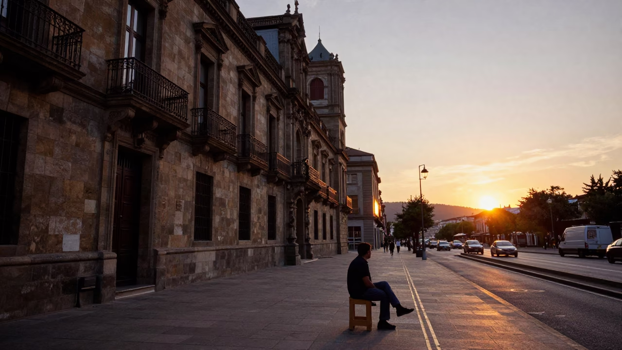 Sunset in Bilbao Spain with Stone Architecture and Street Life in in Bilbao, Spain
