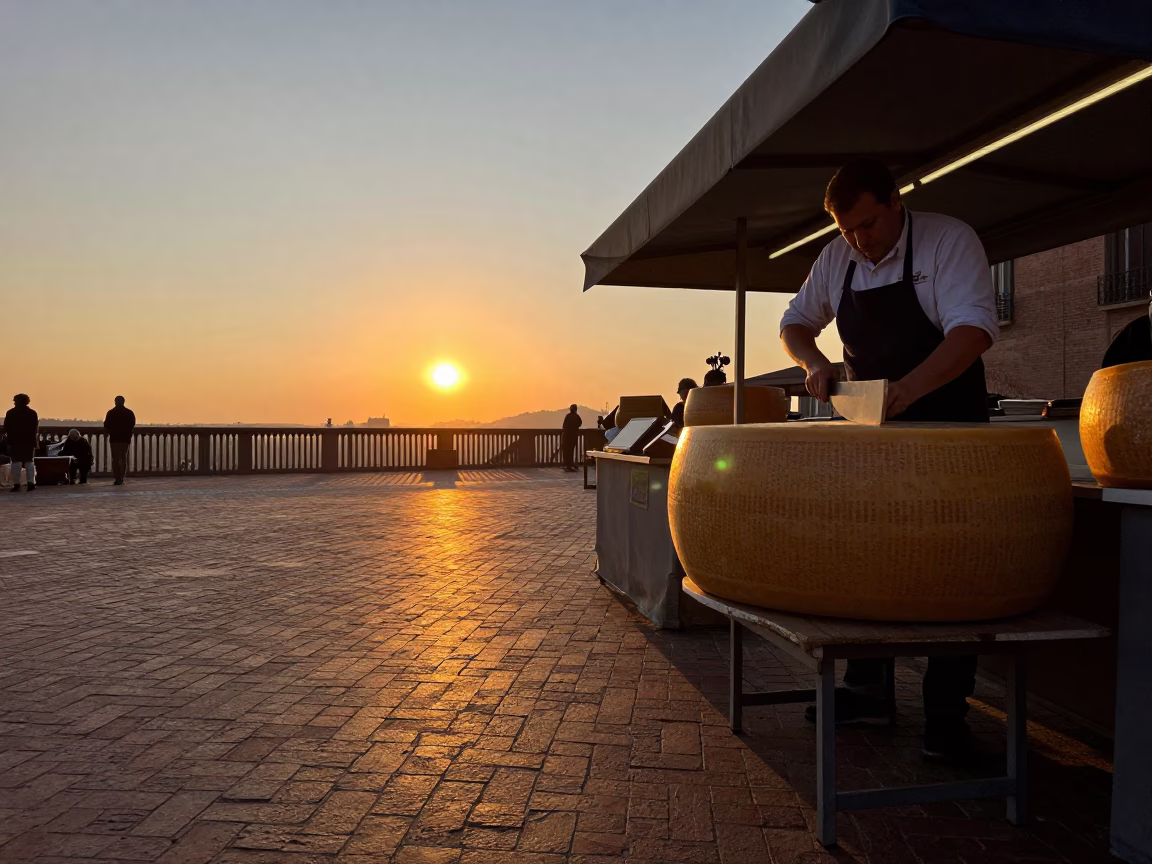 Sunset in Bologna Italy Cheese Wheel Cutting Scene in in Bologna, Italy