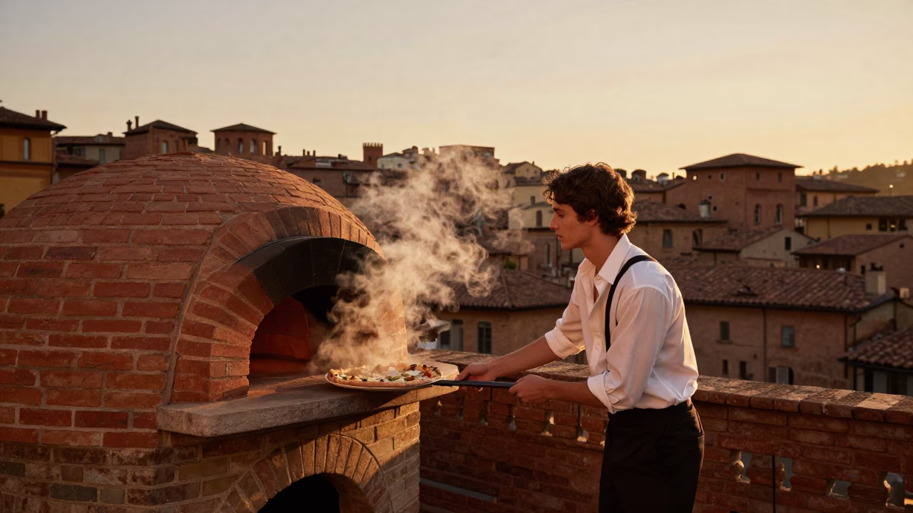 Sunset in Bologna Italy Fashion Editorial Shot with Brick Oven and Wood Fired Pizza in in Bologna, Italy