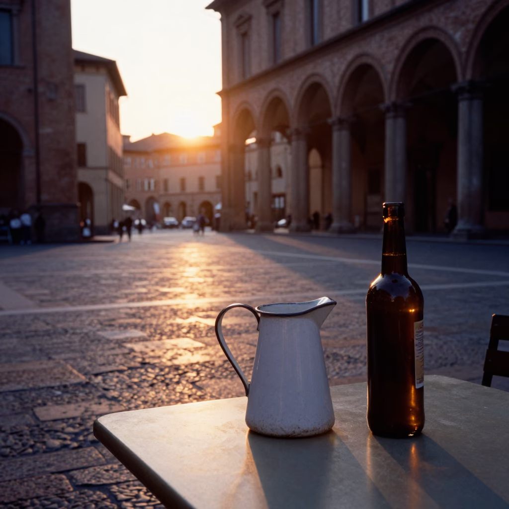 Sunset in Bologna Italy Street Scene with Enamel Pitcher and Bottle on Table in in Bologna, Italy