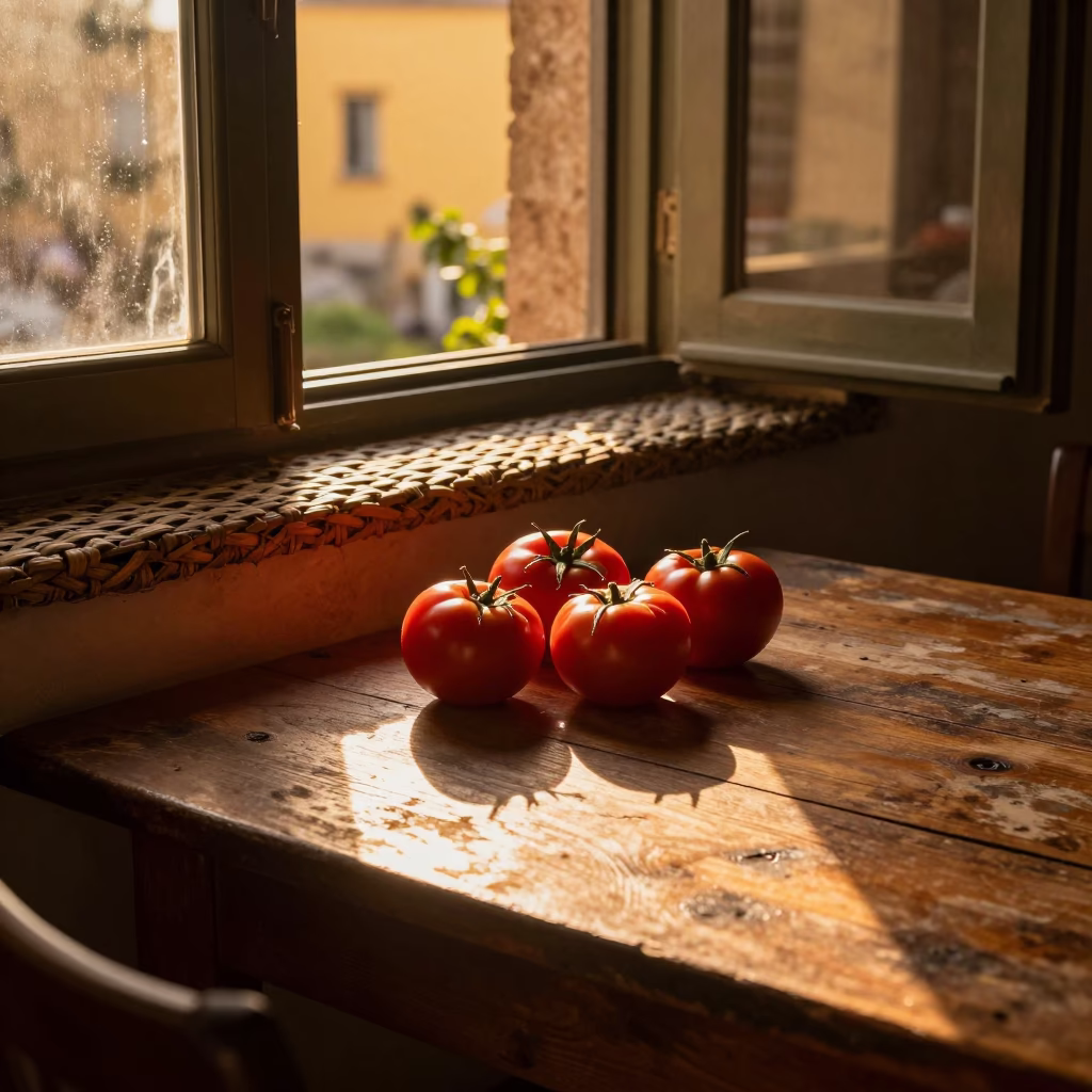 Sunset in Bologna Italy Wicker Shadow on Sill Edge and Tomatoes on Wooden Table in in Bologna, Italy