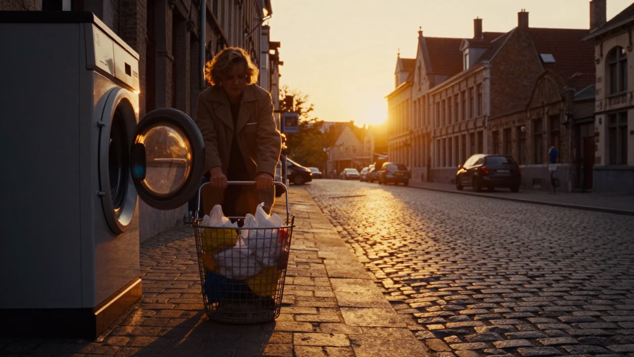 Sunset in Brussels Belgium Street Scene with Laundromat Basket and Cobblestone in in Brussels, Belgium