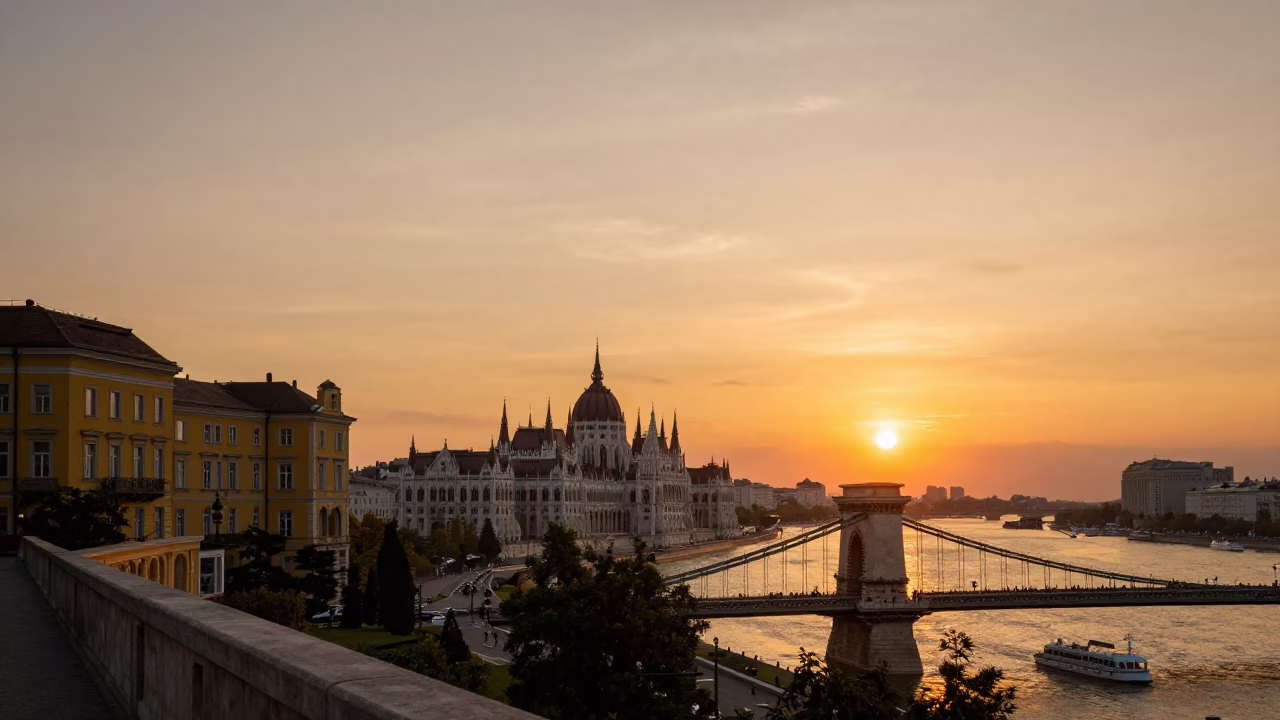 Sunset in Budapest at As The Sun Drops Toward The Horizon in in Budapest, Hungary