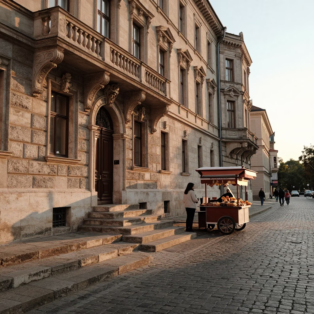 Sunset in Budapest Hungary Street Scene with Local Food and Architecture in in Budapest, Hungary