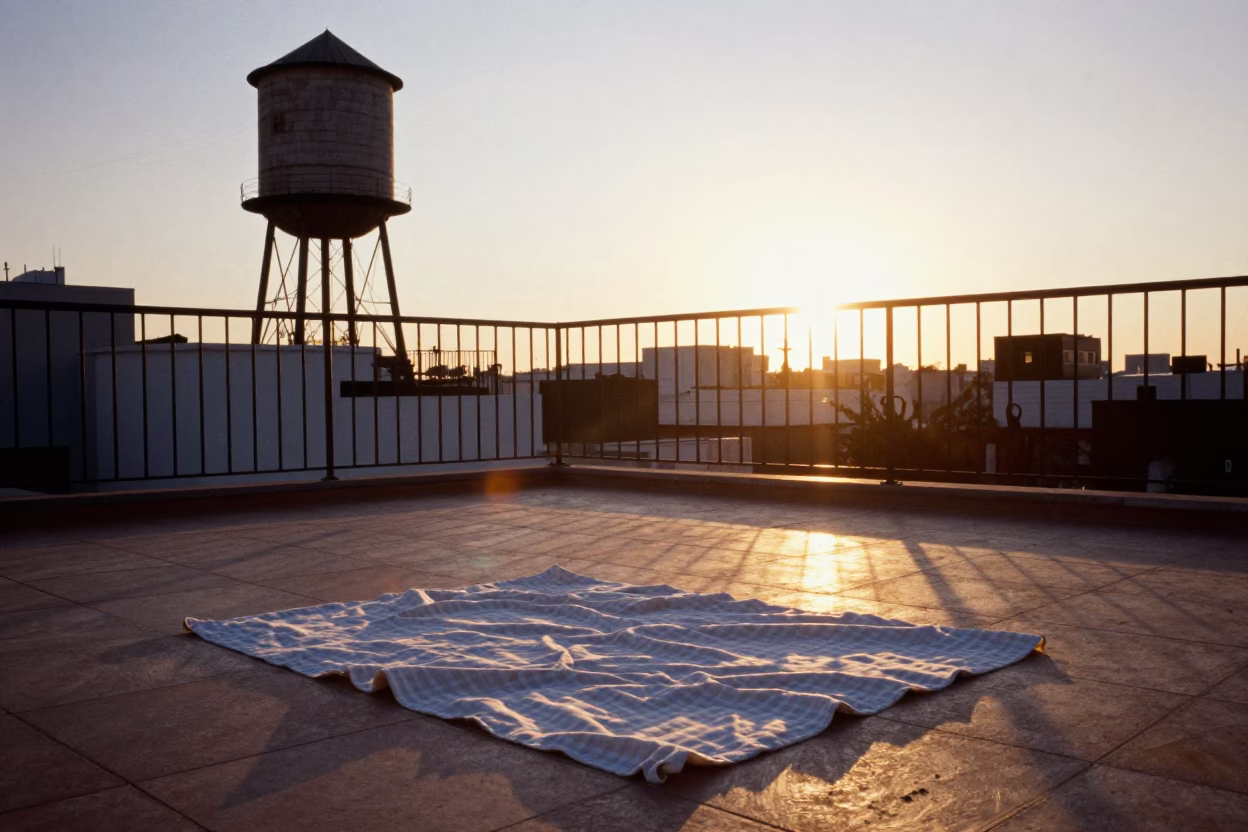 Sunset in Buenos Aires Rooftop Terrace with Water Tower and Picnic Blanket in in Buenos Aires, Argentina
