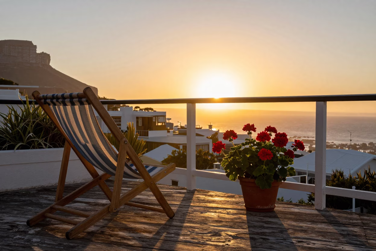 Sunset in Cape Town with Deck Chair and Potted Geraniums in in Cape Town, South Africa