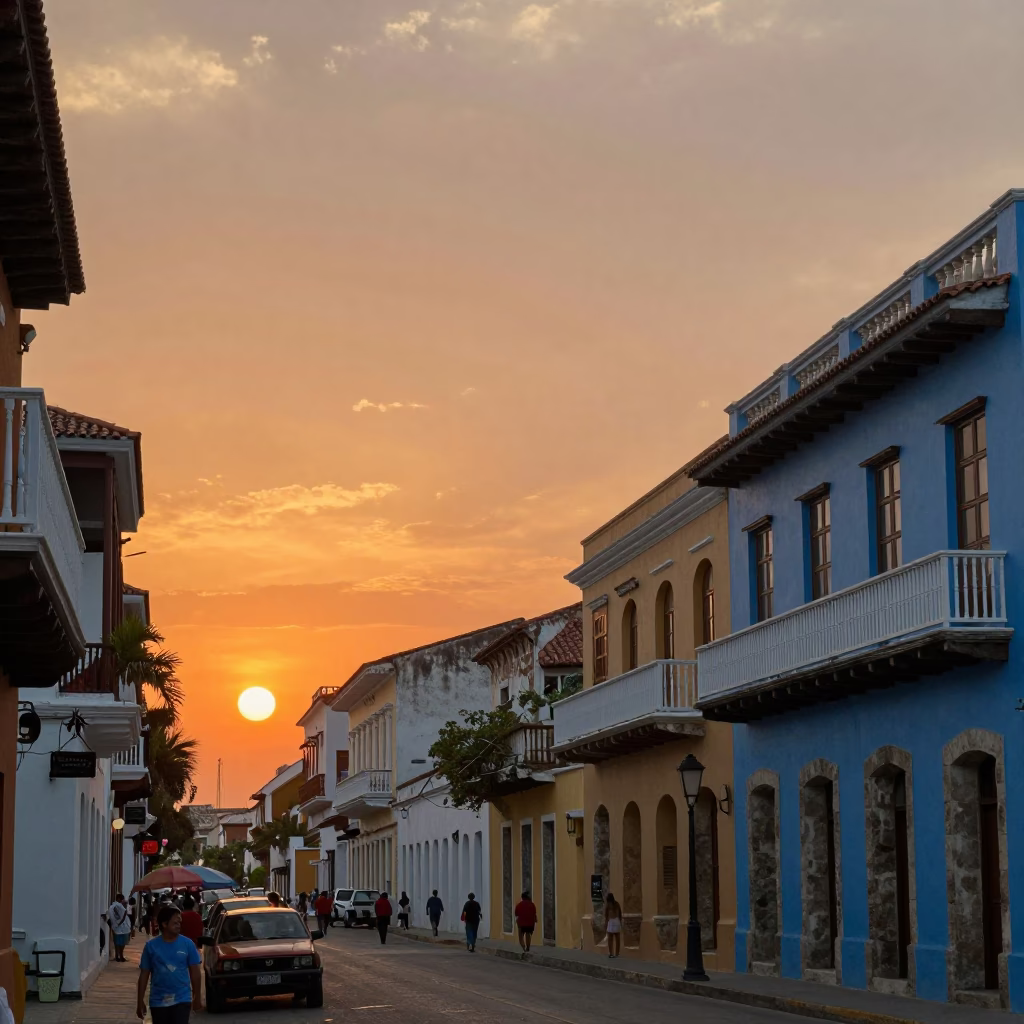 Sunset in Cartagena Colombia with colorful colonial architecture and street life in in Cartagena, Colombia