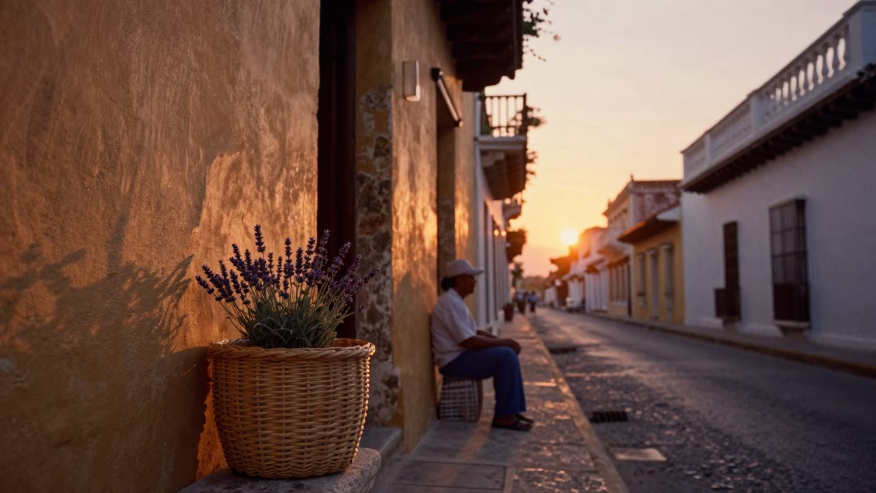 Sunset in Cartagena Colombia with Hand-Woven Willow Basket and Lavender in in Cartagena, Colombia