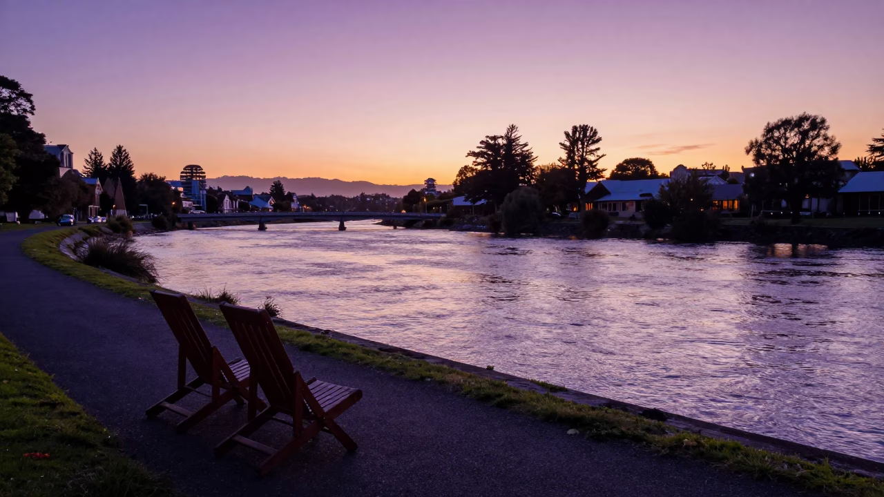 Sunset in Christchurch at Sunset Light in in Christchurch, New Zealand