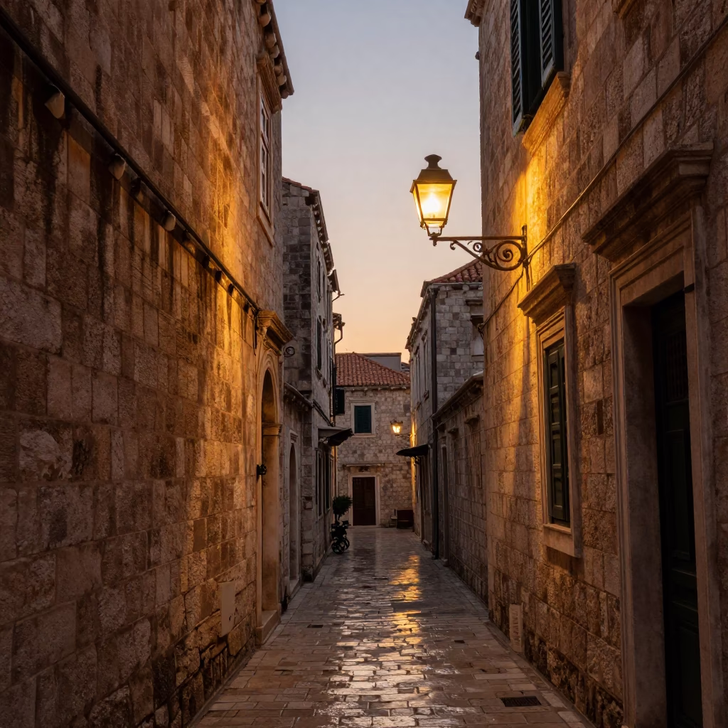 Sunset in Dubrovnik Croatia Narrow Alley Lantern Light High Fashion 1950s Style in in Dubrovnik, Croatia