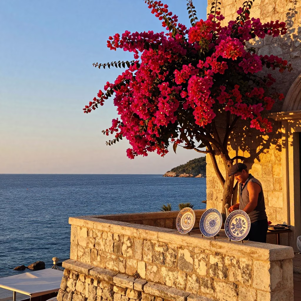 Sunset in Dubrovnik Croatia with Bougainvillea and Vintage Majolica Plate in in Dubrovnik, Croatia