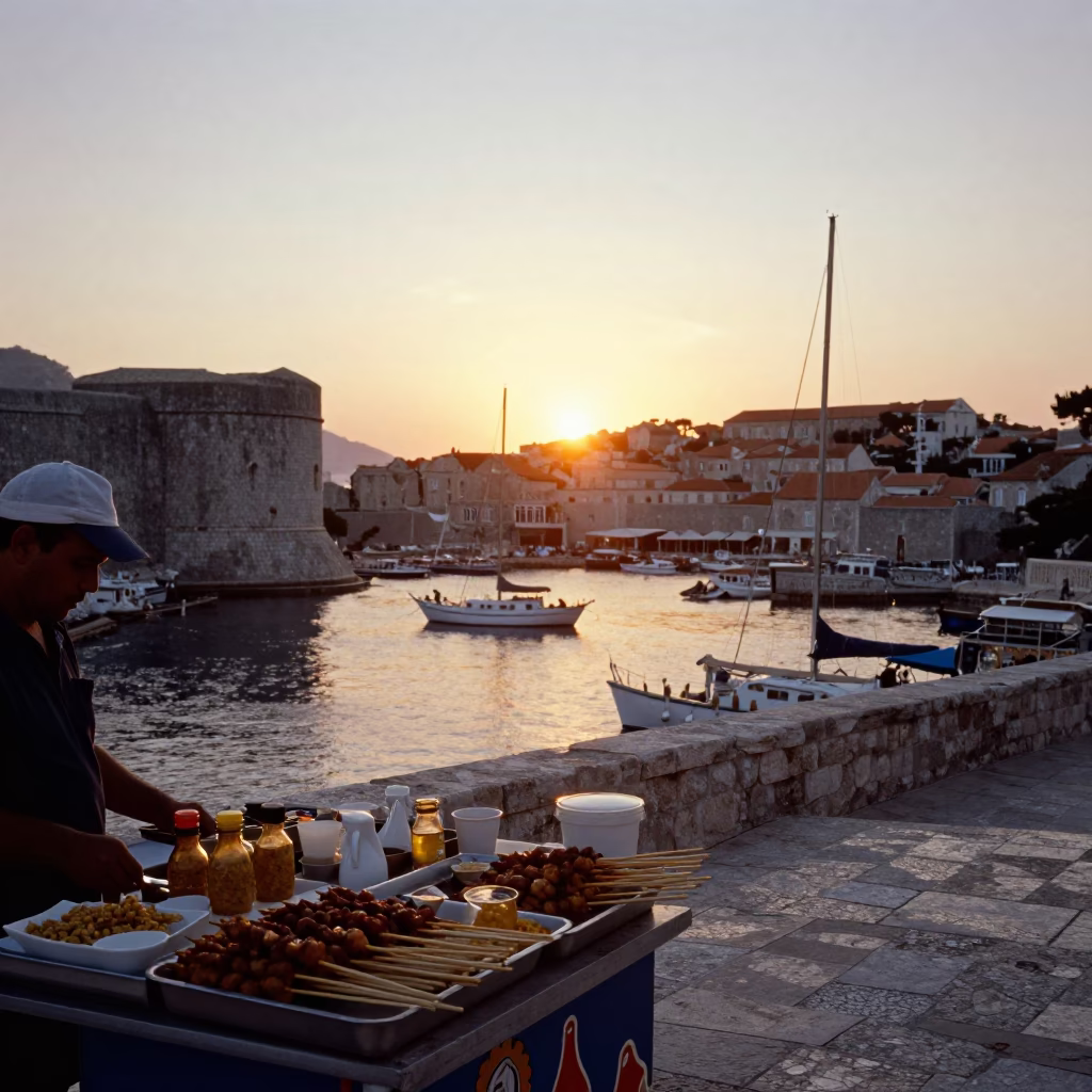 Sunset in Dubrovnik Croatia with Catamaran and Street Vendor Scene in in Dubrovnik, Croatia