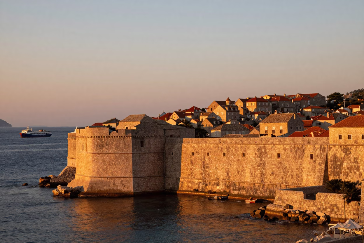 Sunset in Dubrovnik Croatia with Research Vessel and Ancient Stone Walls in in Dubrovnik, Croatia