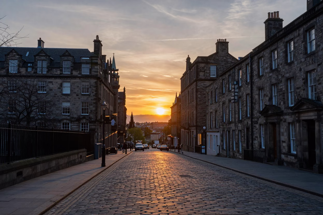 Sunset in Edinburgh at As The Sun Drops Toward The Horizon in in Edinburgh, United Kingdom