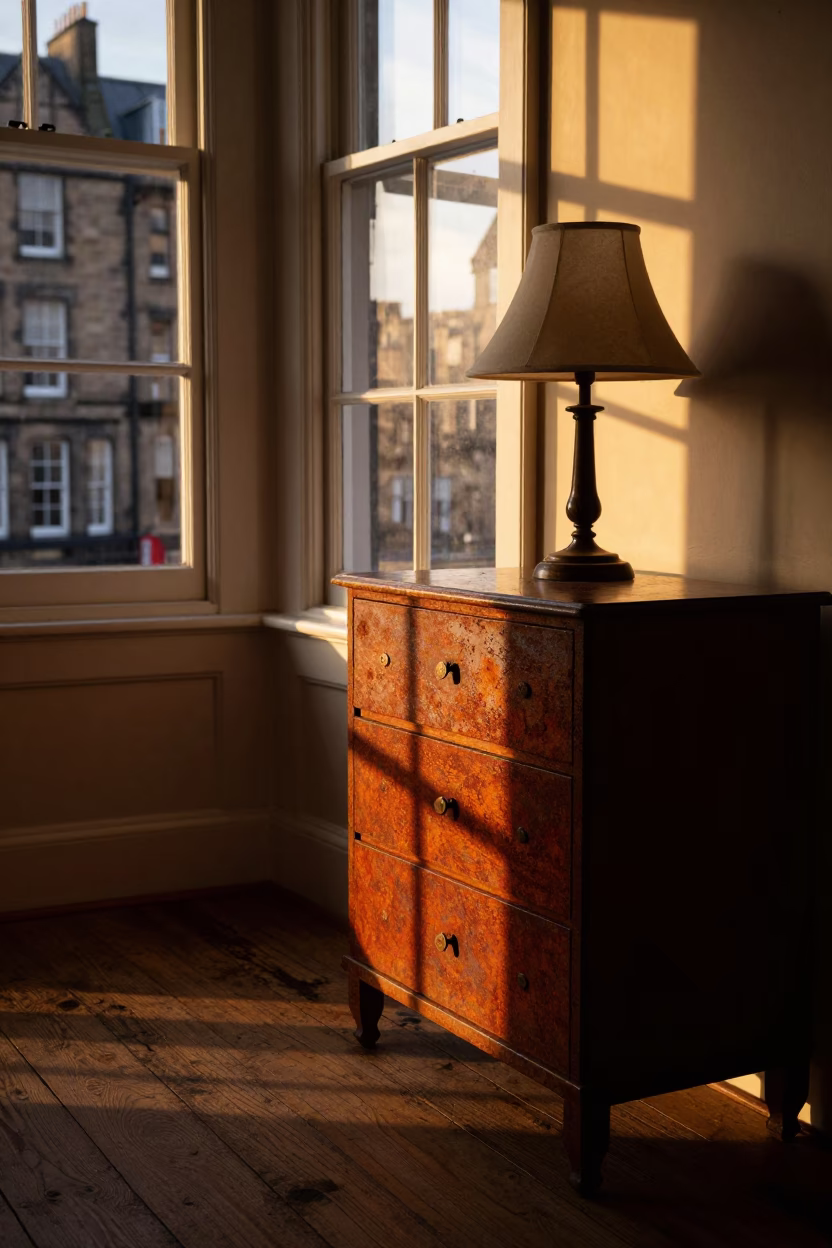 Sunset in Edinburgh with Rusty Drawer Pull and Vintage Lampshade in Historic Building in in Edinburgh, United Kingdom