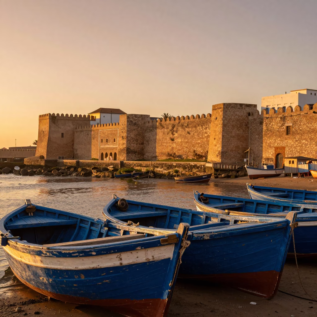 Sunset in Essaouira Morocco Blue Harbor Walls and Wooden Fishing Boats in in Essaouira, Morocco
