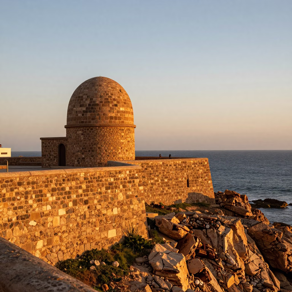 Sunset in Essaouira Morocco Coastal Stone Observatory Hilltop View with Local Life in in Essaouira, Morocco
