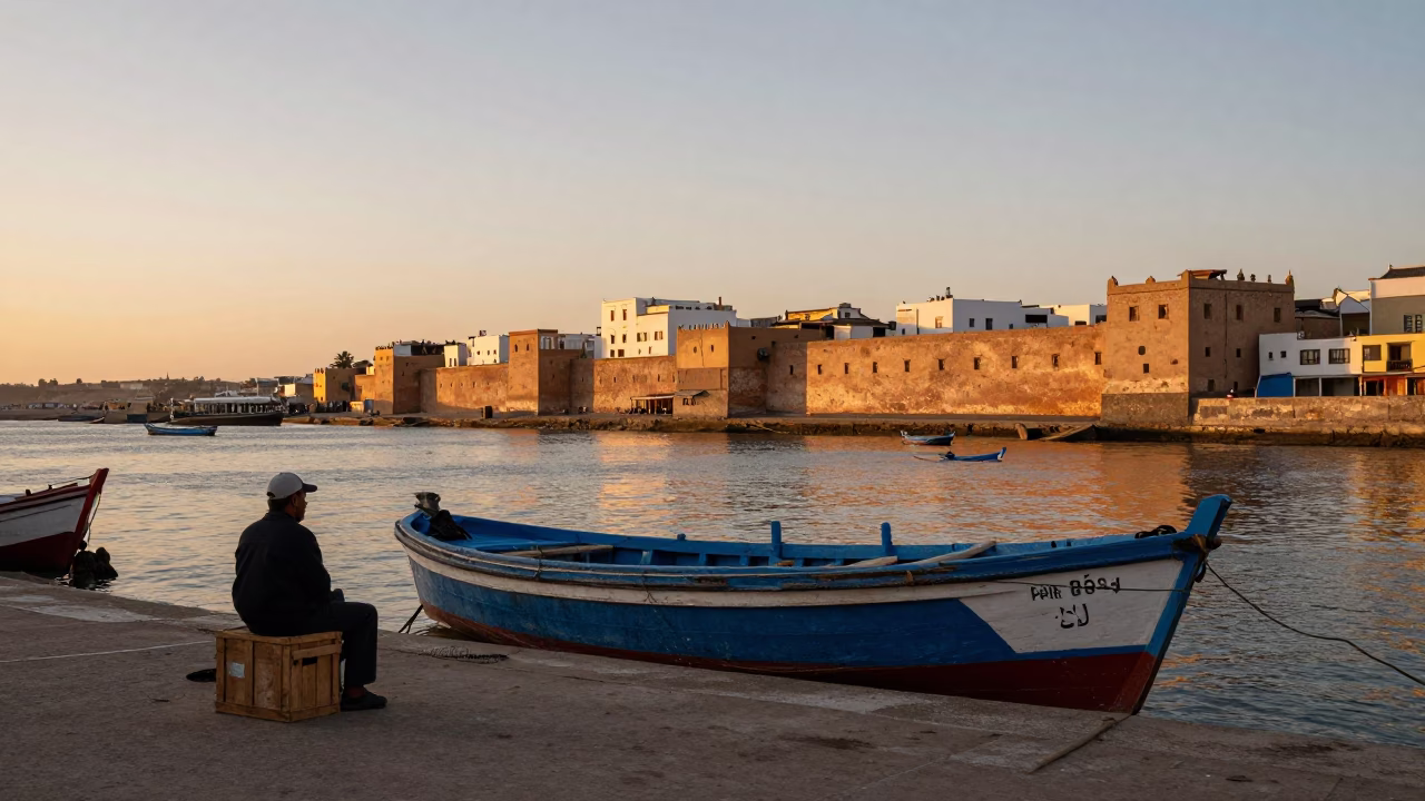 Sunset in Essaouira Morocco Street Scene with Traditional Boat and Local Activity in in Essaouira, Morocco
