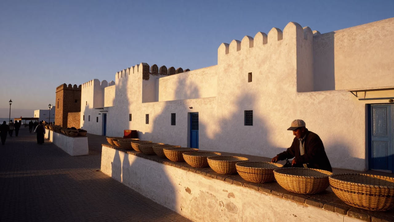 Sunset in Essaouira Morocco with Basket Trays and Local Street Life in in Essaouira, Morocco