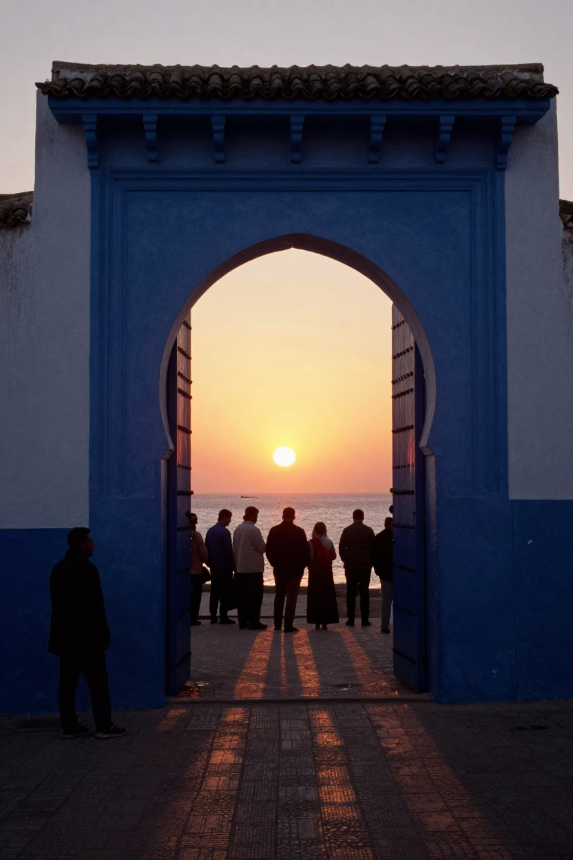Sunset in Essaouira Morocco with Blue Gates and Local Street Life in in Essaouira, Morocco