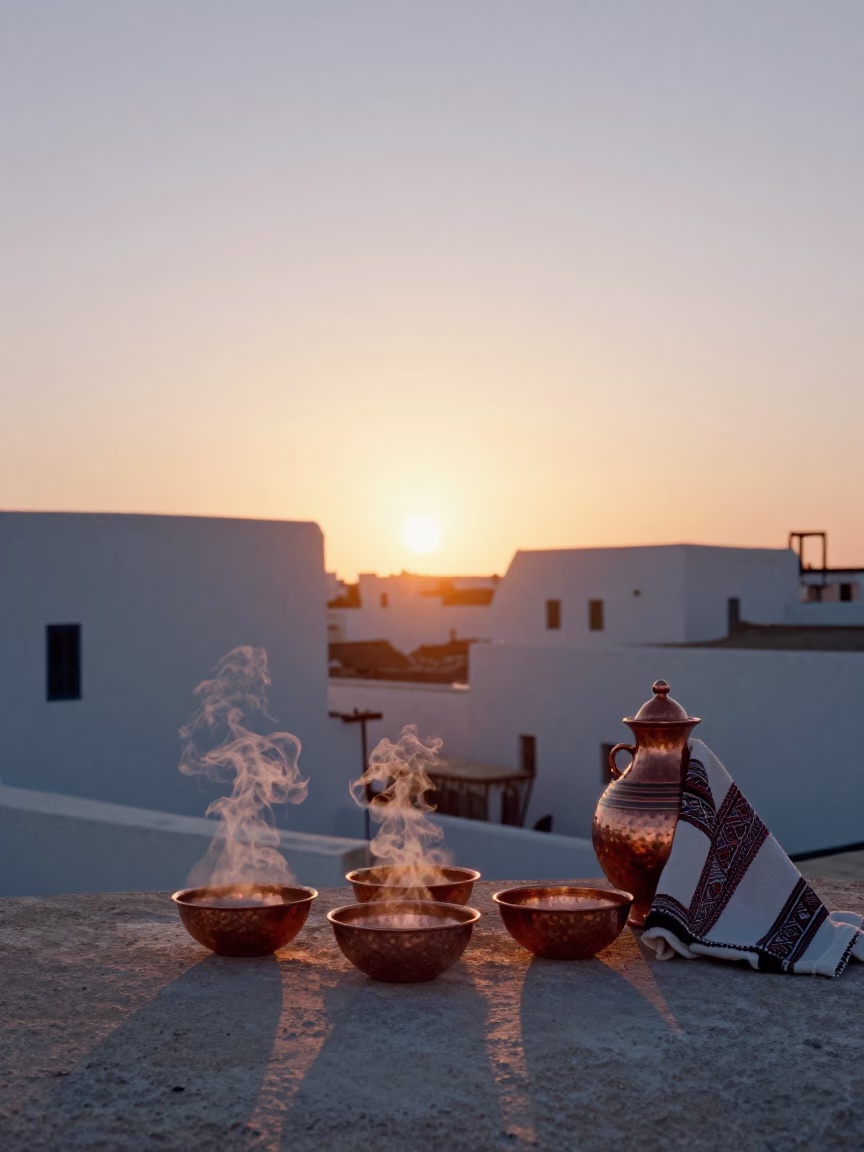 Sunset in Essaouira Morocco with Copper Bowls and Traditional Tea Towel in in Essaouira, Morocco