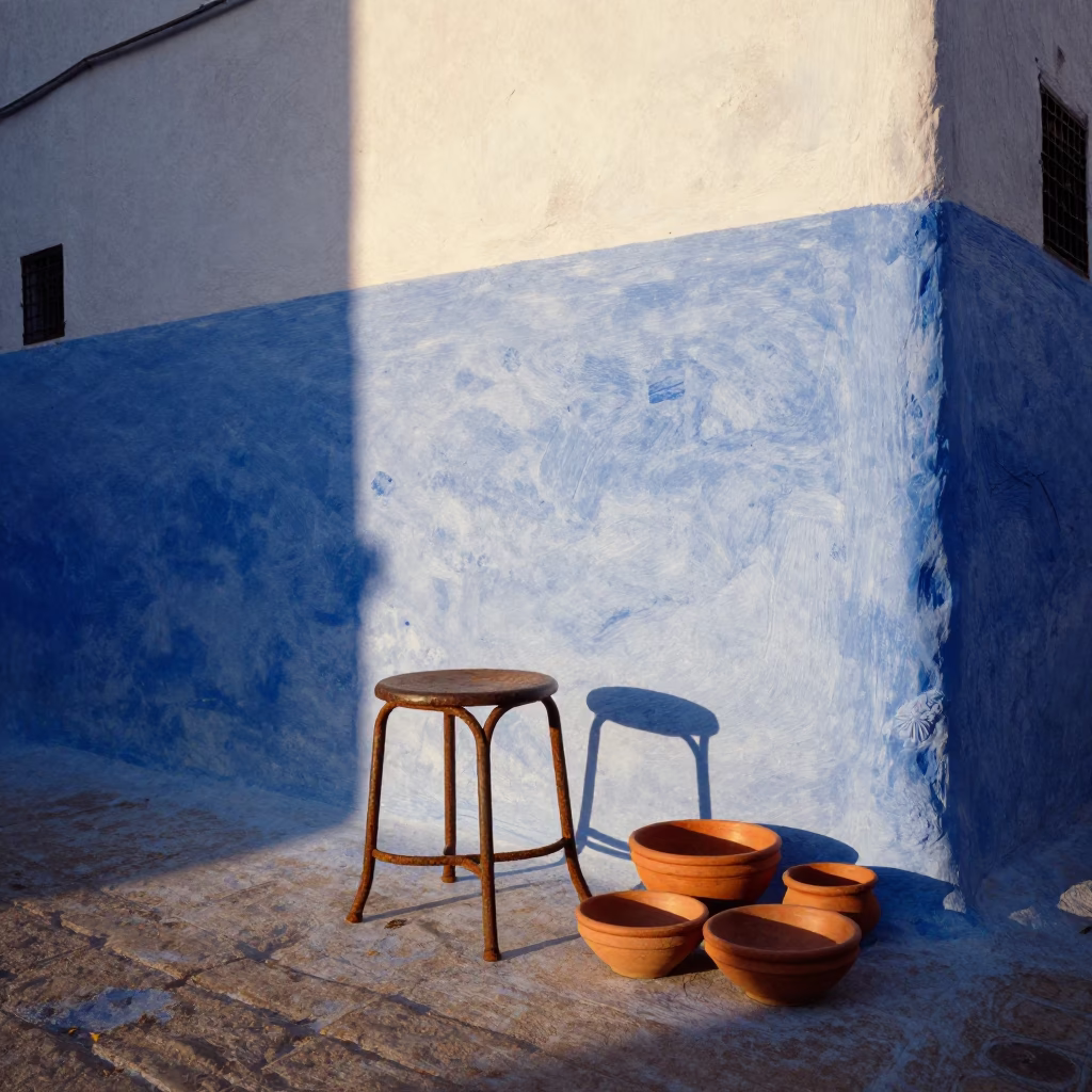 Sunset in Essaouira Morocco with Rusty Stool and Terracotta Bowls in in Essaouira, Morocco