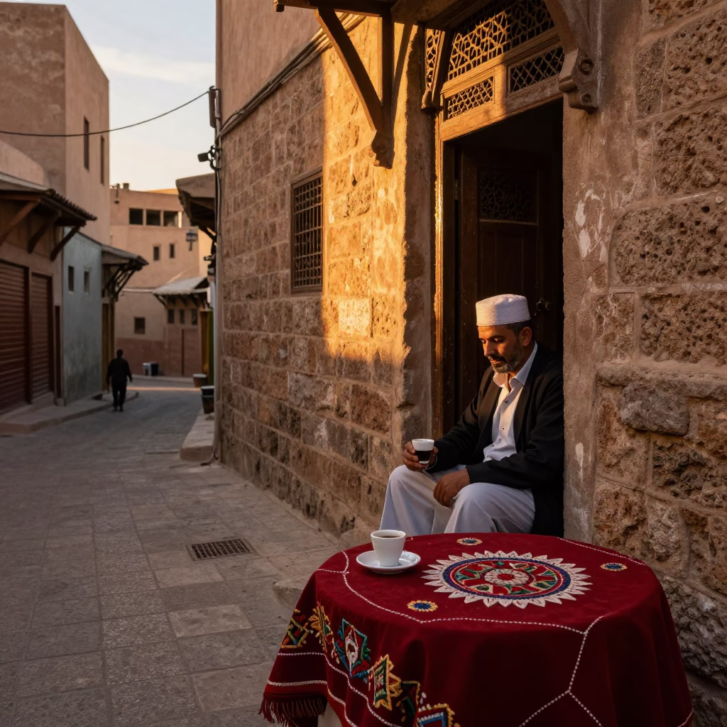 Sunset in Fez Morocco Street Scene with Espresso Cup and Embroidered Cushion in in Fez, Morocco
